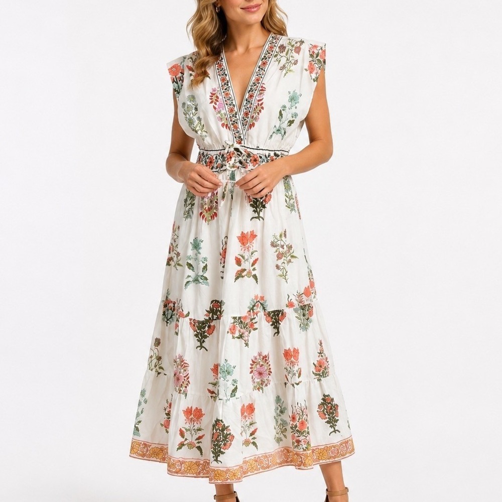 CeCe Maxi Dress White Floral Elastic Waist Size M Boho-Chic Romantic Prairie
